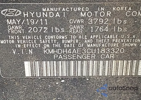 2012 Hyundai Elantra Gls (Ulsan Plant) from USA, damaged, VIN KMHDH4AE3CU183320